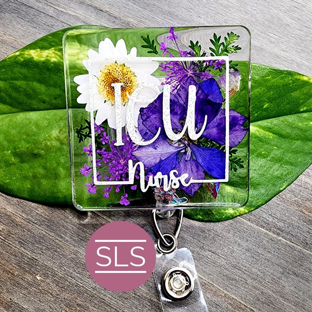 ICU Floral Nurse Badge Reel-Custom Made Job Title Badge Holder-Nurse Life